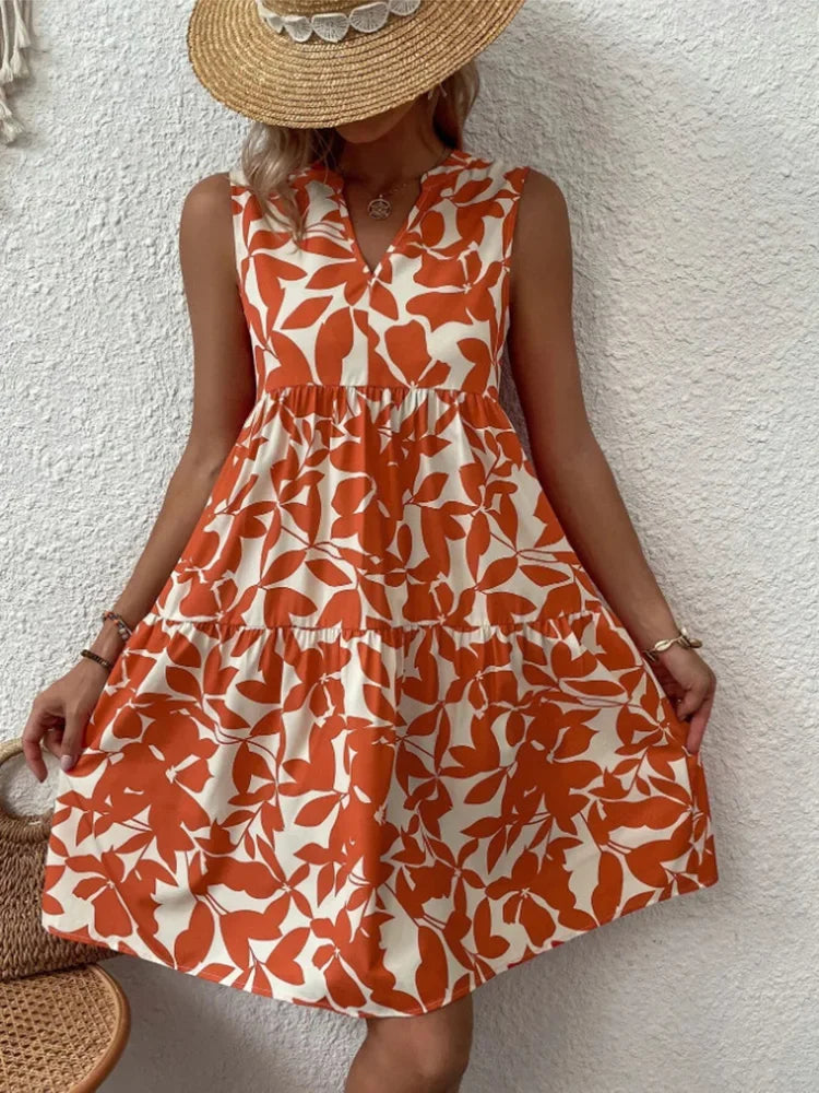 Women Boho Print Mini Dress Summer Elegant Sleeveless V Neck Ruffle A Line Tank Dress Casual Loose Oversize Beach Party Sundress