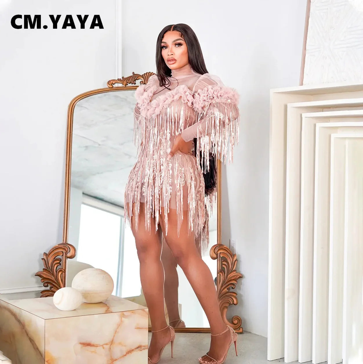 CM.YAYA Women Full Sleeve Sequined Tassel Ruffles Mini Dress Mesh See Through Sexy Evening Night Club Party Dresses Vestidos