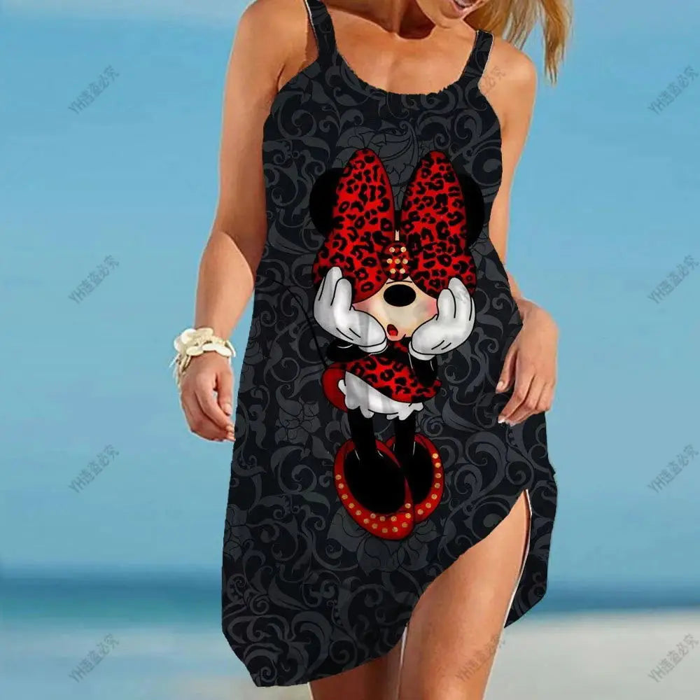 Disney Minnie Mickey Mouse Women Dresses 3D Dye Print Fashion Sleeveless Summer Halter Casual Sexy Dress Loose Kawaii Dress