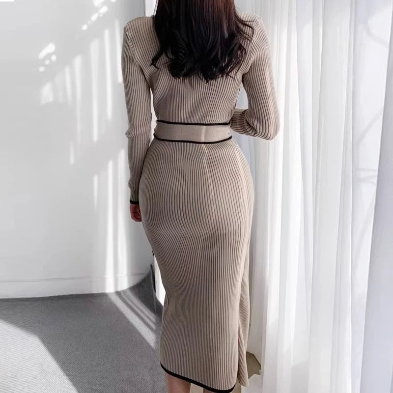 YuooMuoo Elegant Lace Up Turtleneck Knitted Long Dress Korean Fashion Khaki Black Rib Bandage Bodycon Sweater Dress Robe Femme