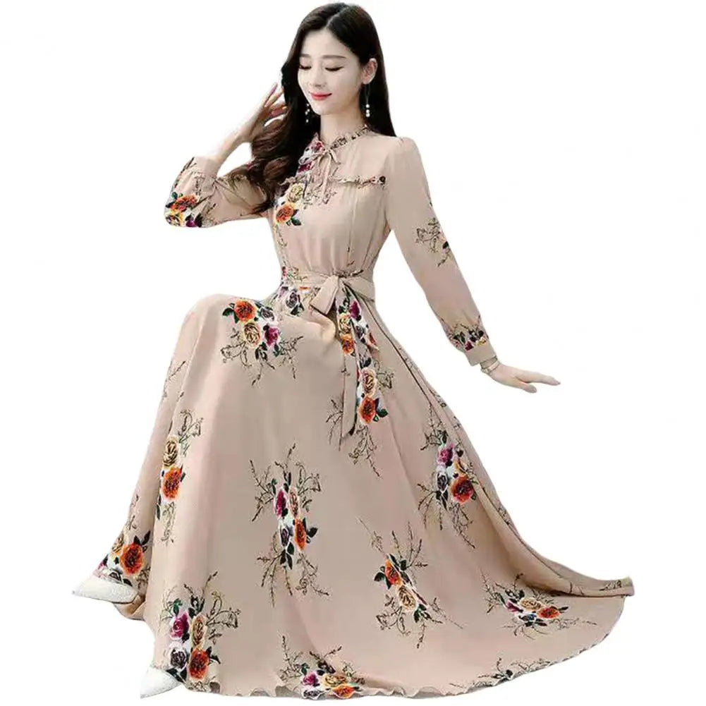 Women Maxi Dress Temperament Loose Hem Tight Waist Flower Print Lace Up Dress-up Long Sleeves A-line Banquet Dress Female Clothe