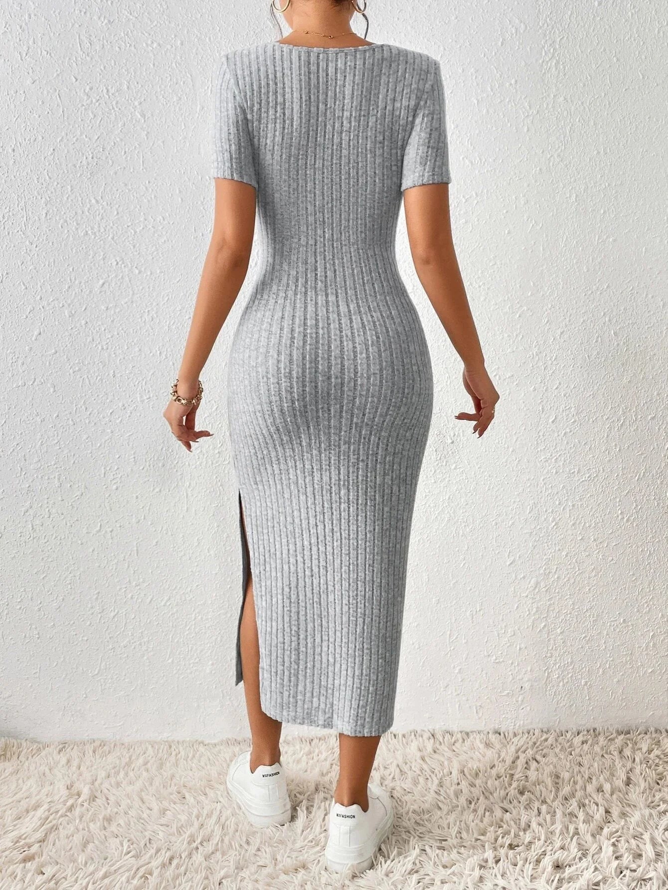 Women Spring Summer Style Knitted Dress Lady Casual Short Sleeve Square Collar Side Slit Dress Vestidos