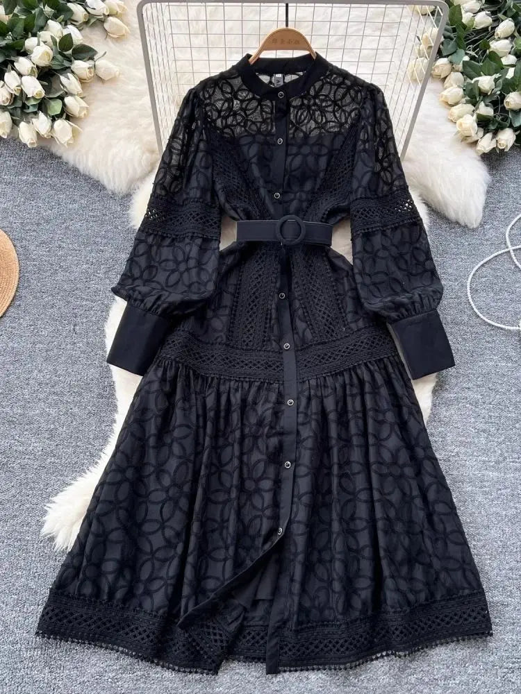 2025 Spring Autumn French Flower Embroidery Dresses Women's Long Lantern Sleeve Single Breasted Belt Evening Party Vestidos