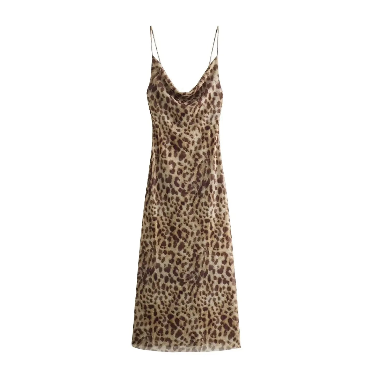 TRAFZA 2024 Summer New Woman Dress Leopard Print Sleeveless Vintage Slim Long Dresses Sexy Backless Female Spaghetti Strap Dress