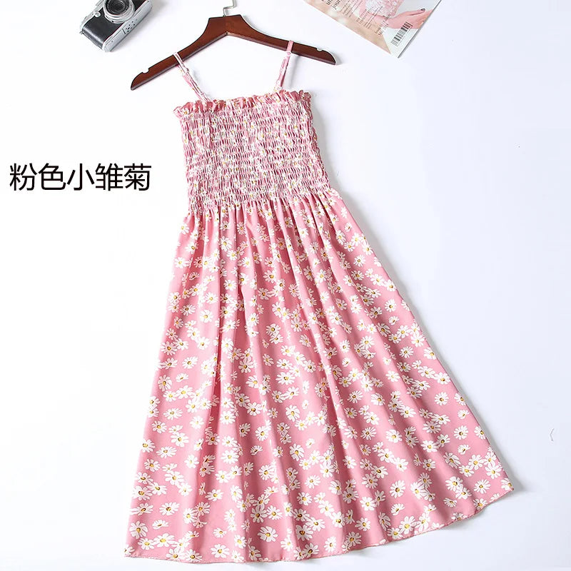 Summer Mini Dresses Fashion Female Elastic High Waist Casual Spaghetti Strap Sleeveless Dress Women Chiffon Dresses Vestidos