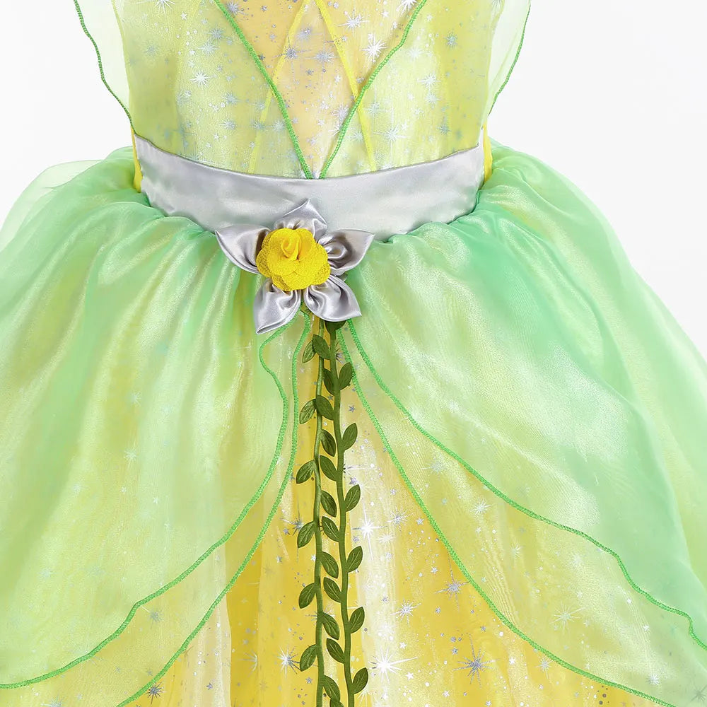 Classic Girls Fairy Tale Tiana Cosplay Costume Elegant Princess Green Party Dress Christmas Ball Gown Princess and Frog Vestidos