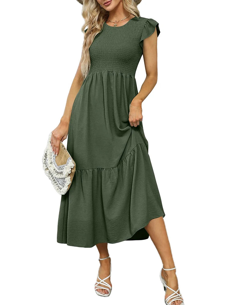 Women's Casual Summer Maxi Dresses with Pockets Short Ruffle Sleeve Smocked Tiered Long Dress Beach Sundress Basic Solid 2024