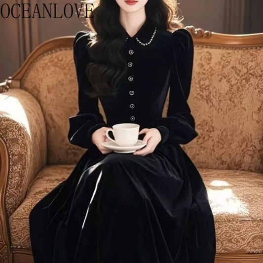 OCEANLOVE Black Velvet Women Dresses French Style Autumn Winter Elegant Vestidos Mujer Puff Sleeve Vintage A-line Long Dress