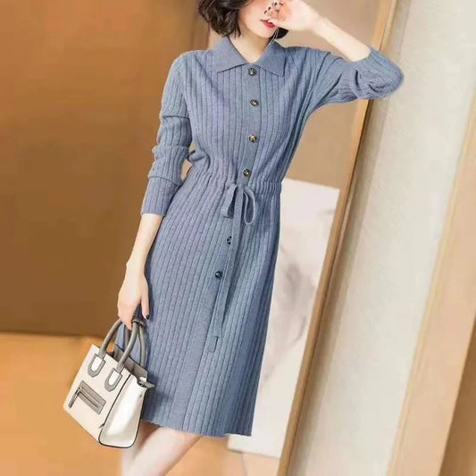 Loose Pullover Sweater Dress Lace-UP 2025 New Spring Size XXXL High-End Turn-Down Collor Long Knitted Dress Women's Autumn Dress