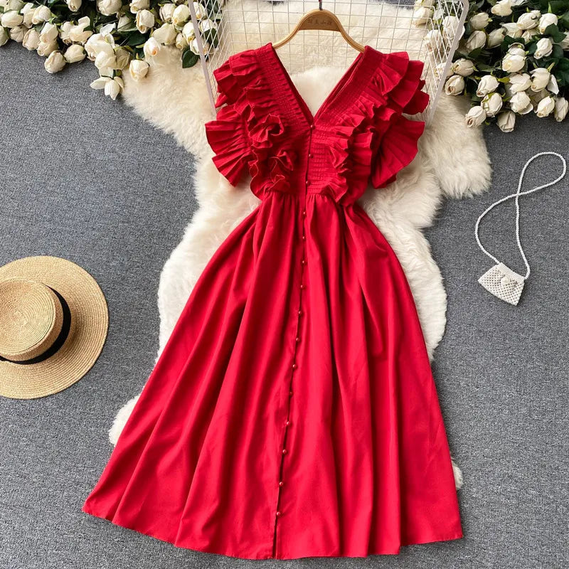 XFPV Women Vintage Pleat Ruffles Mid Length High Waist Dresses V-Neck Sleeveless Temperament Vestidos Spring Summer 2024 SM10095