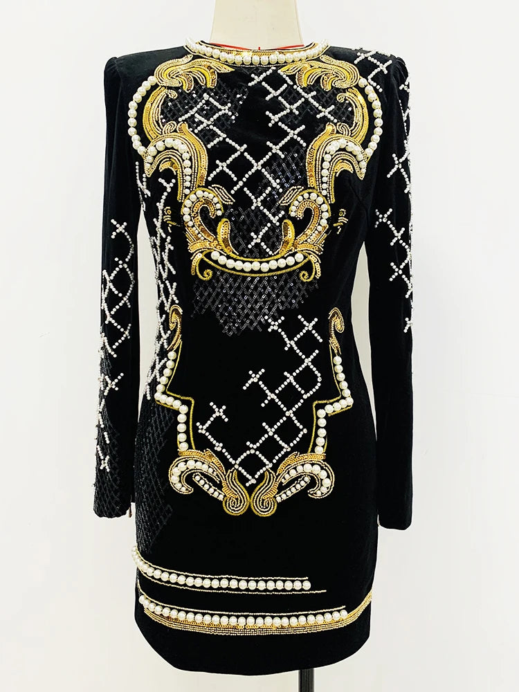 HIGH STREET Newest 2024 F/W Designer Runway Fashion Women's Long Sleeve Stunning Sequined Pearls Beaded Velvet Dress