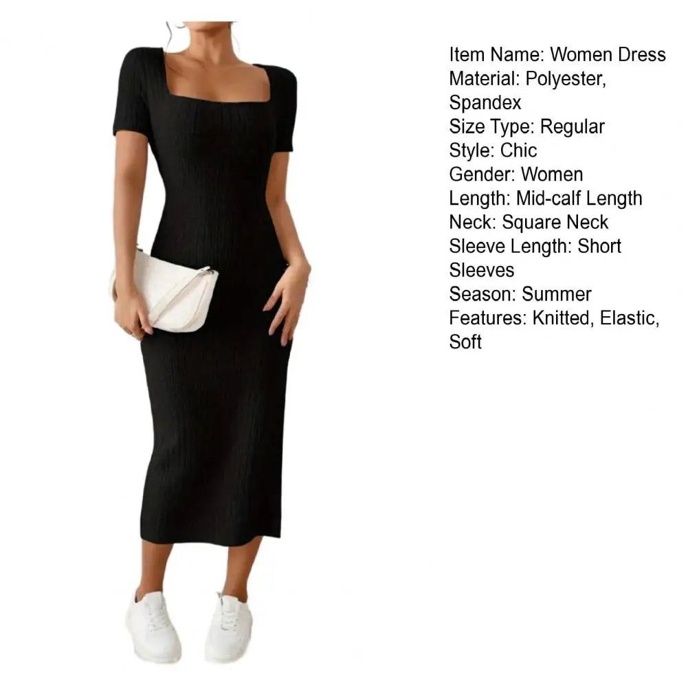 Women Summer Dress Split Hem Knitted Elastic Mid-calf Length Knitted Slit Dress Lady Party Commute Casual Ins Style Midi Dress