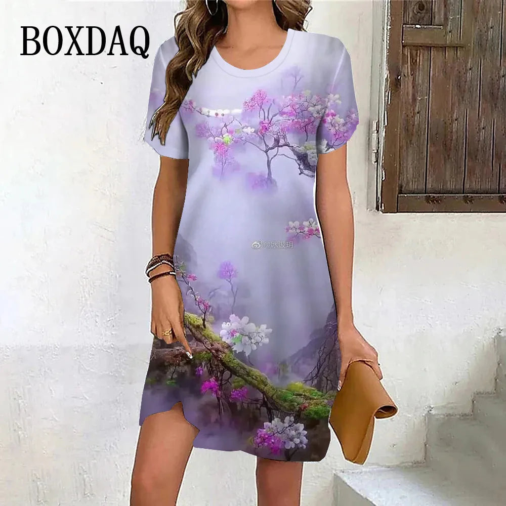 New 2024 Summer Dresses Women Tie Dye Scenery Flower Print Dress Female Clothing Casual Retro Short Sleeve Loose Plus Size Dress