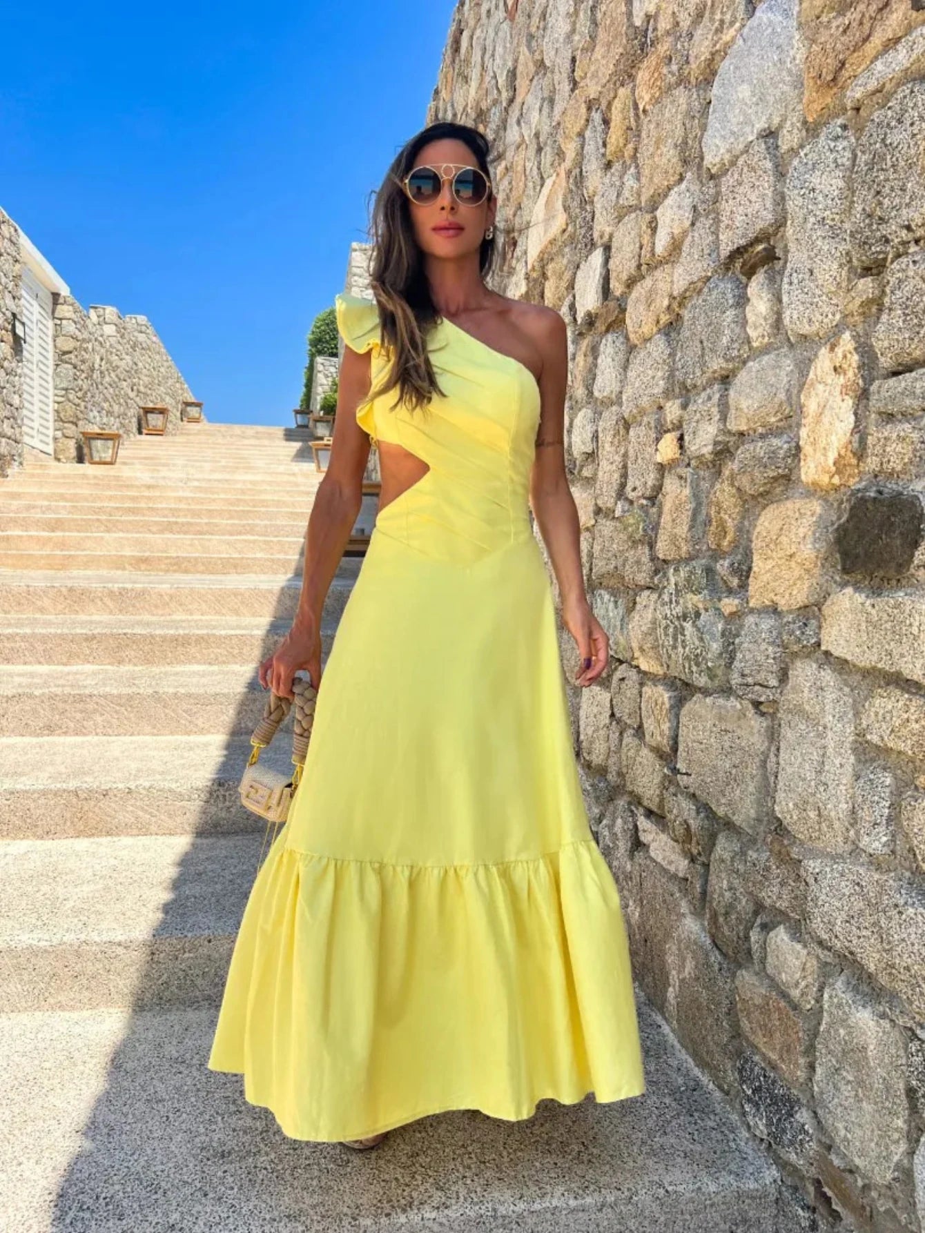 One Shoulder Ruffle Dress Hollow Out Bodycon  Women Sleeveless A-line Yellow Long Dress Fashion Beach Style Female Robe Summer