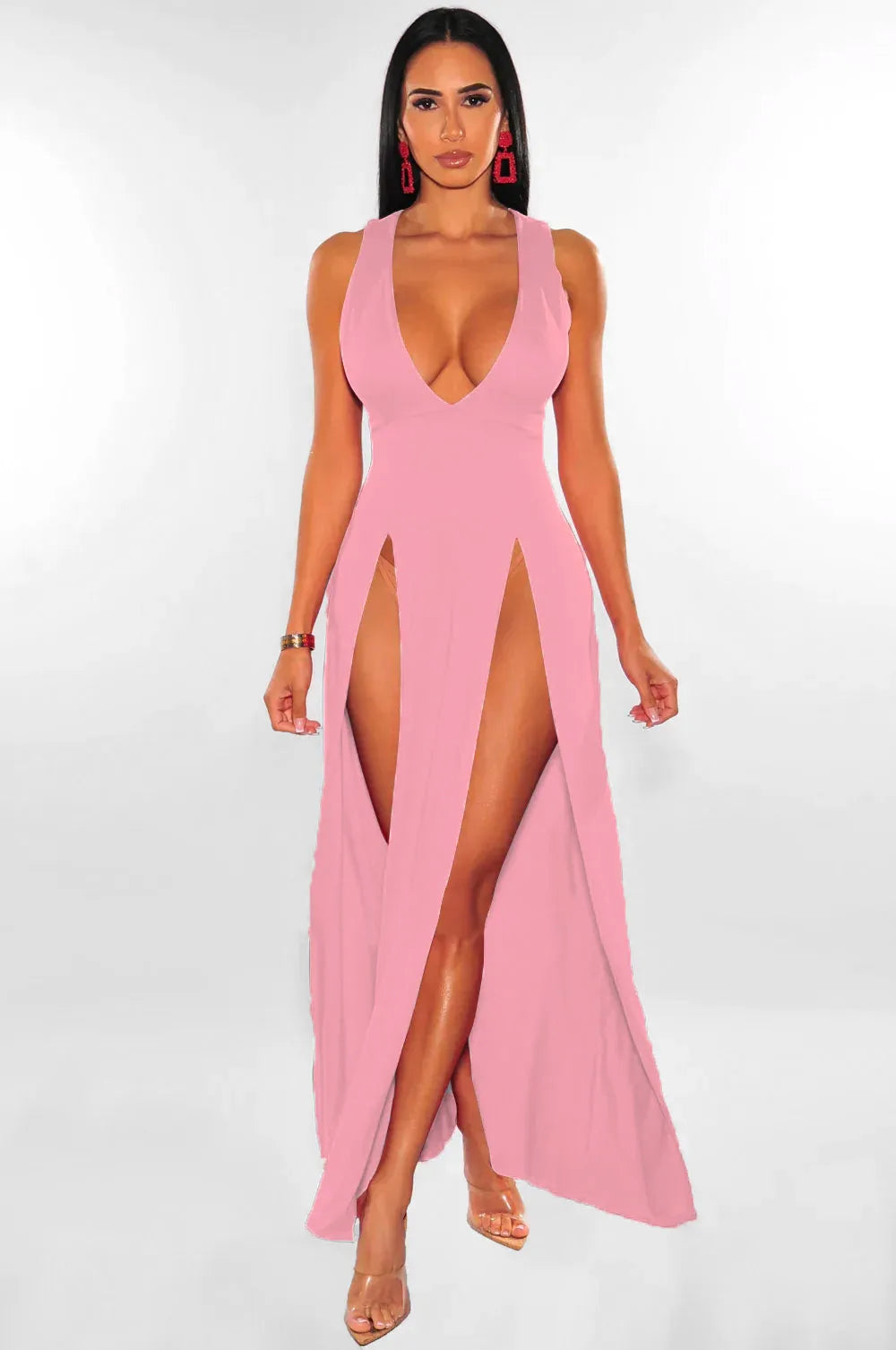 2024 Summer New Women Sexy High Split Dresses Sleeveless Deep V-Neck High Slit Long Party Bodycon Red Dresses