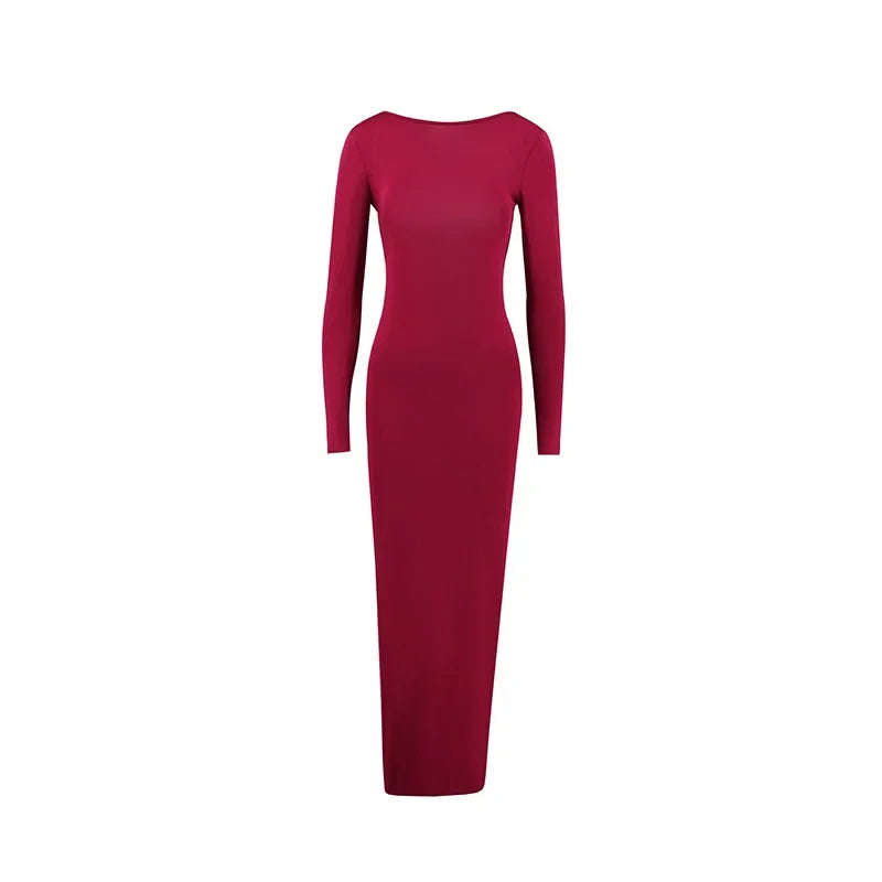 Women's Red Fashion Commuter Banquet ins Slim Long Sleeve Backless Sexy Package Hip Dresses