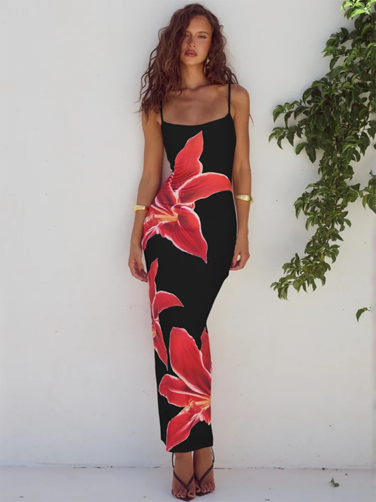 Mozision Floreal Print Long Dress For Women Gown Summer New Spaghetti Strap Sleeveless Backless Bodycon Sexy Midi Dress Elegant