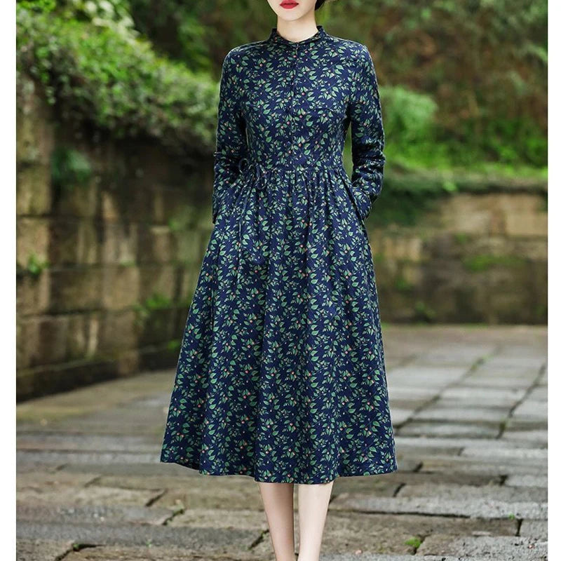 Women's Vintage Floral Print Lace Up Elegant Party Dresses Autumn Fashion High Waist Slim Cotton Midi Dress Long Sleeve Vestidos