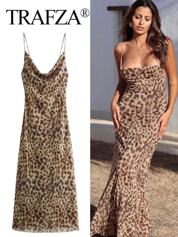 TRAFZA 2024 Summer New Woman Dress Leopard Print Sleeveless Vintage Slim Long Dresses Sexy Backless Female Spaghetti Strap Dress