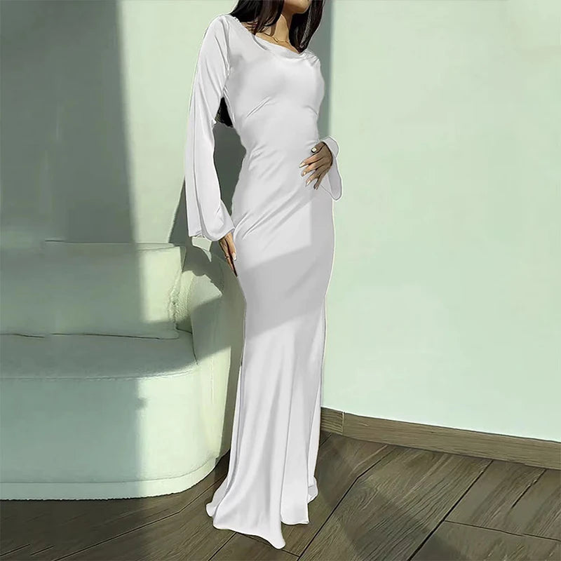 Syiwidii Maxi Dresses for Women Flare Sleeve Solid Dress O-Neck Slim Dresses 2024 New Fashion Casual Lady Elegant Party Dress