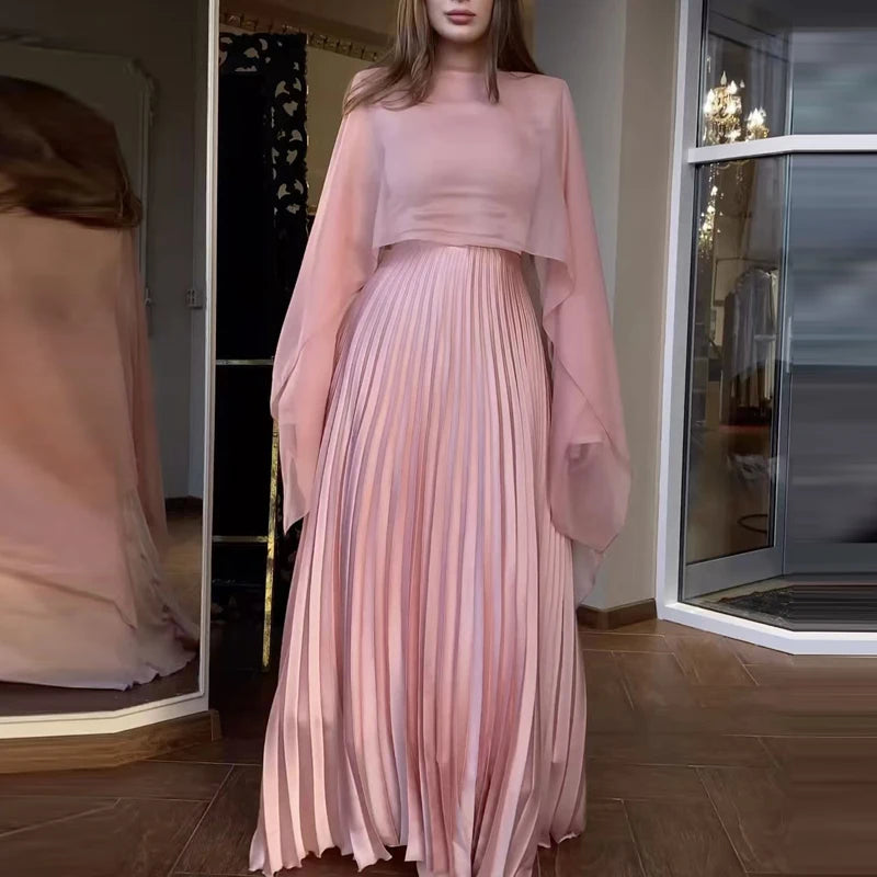 Women Elegant Crew Neck Irregular Shawl & Vest Pleated Dresses Autumn Solid Color Cloak 2 Piece Set Loose Evening Gown Vacation