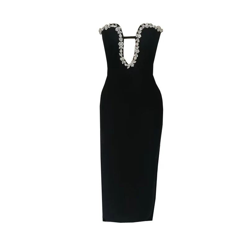 2024 Women's Summer V-Neck Diamond Sheath Sleeveless Backless Nightclub Birthday Party Anniversary Dresses