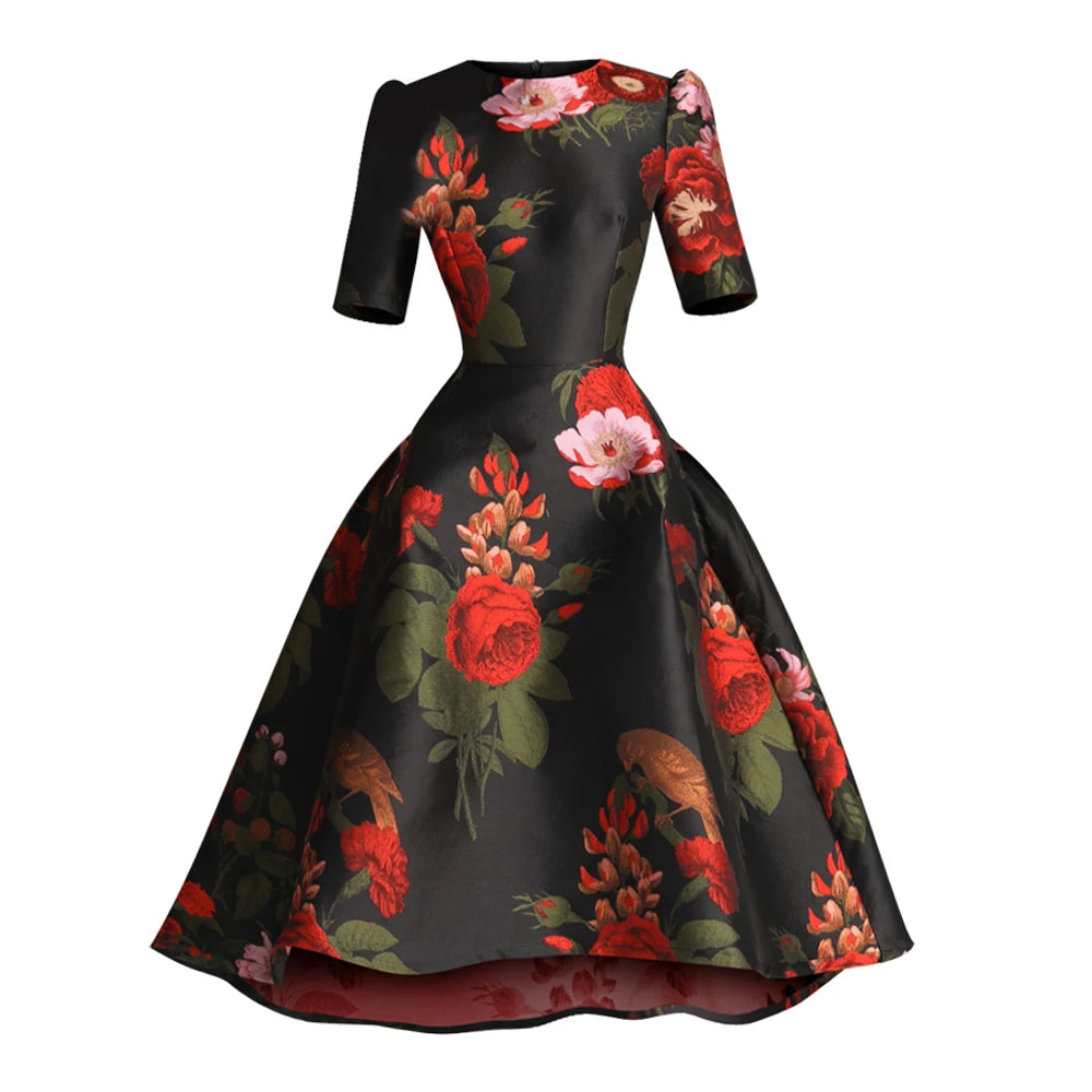 High Quality Luxury Brocade Women Short Sleeves Fashion Swallow Tail Dress Girl Party Floral Elegant Celebrity-inspired Clothes