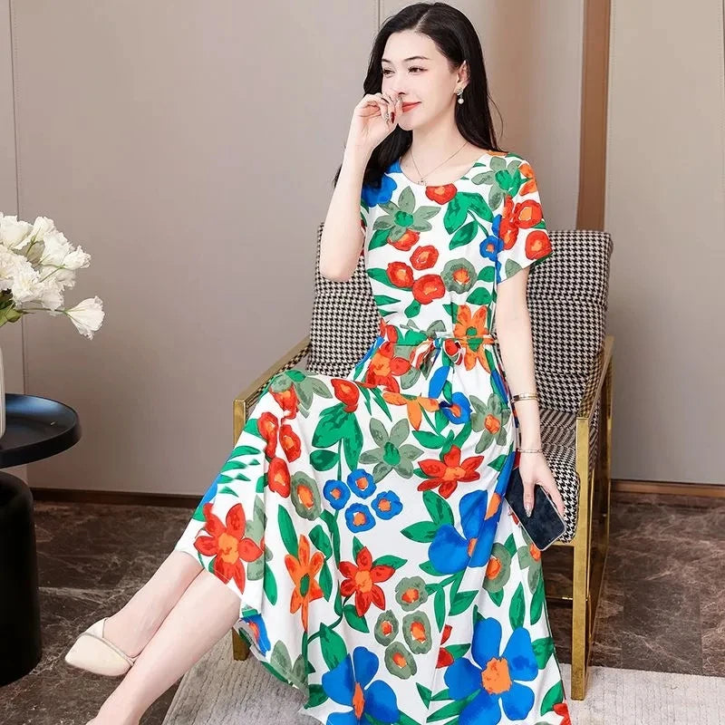 Short Sleeve Cotton Vintage Print Dresses for Women Casual Loose Long Summer Dress Vestidos De Fiesta Elegantes Para Mujer 2024