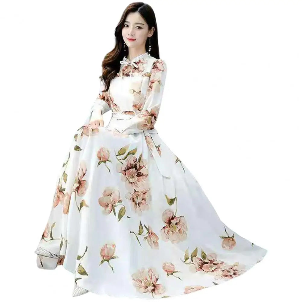 Women Maxi Dress Temperament Loose Hem Tight Waist Flower Print Lace Up Dress-up Long Sleeves A-line Banquet Dress Female Clothe