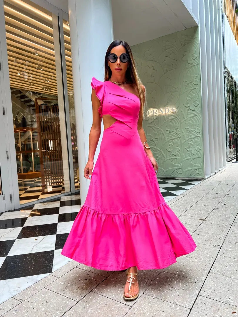 One Shoulder Ruffle Dress Hollow Out Bodycon  Women Sleeveless A-line Yellow Long Dress Fashion Beach Style Female Robe Summer