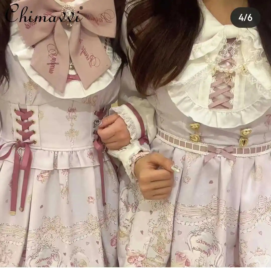 New 2024 Autumn Japanese Liz Sweet Cute Girls Lolita Big Bow Long Sleeve Rabbit Print Dress Womens Slim-fit Short A Line Dresses