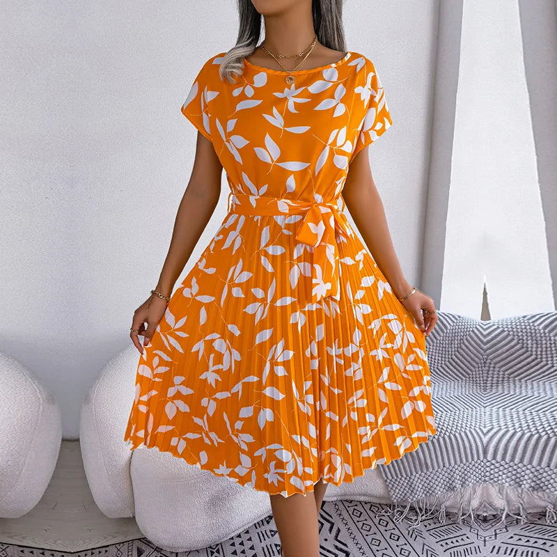 Women Spring Summer Short Sleeve High Waist Chic Dress Fashion Floral Pleated A Line Long Dress