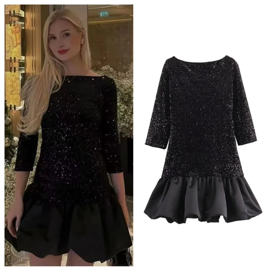 PB&ZA 2024 Spring New Women's Fashion and Elegance Versatile Round Neck Open Back Sparkling Mini Dress