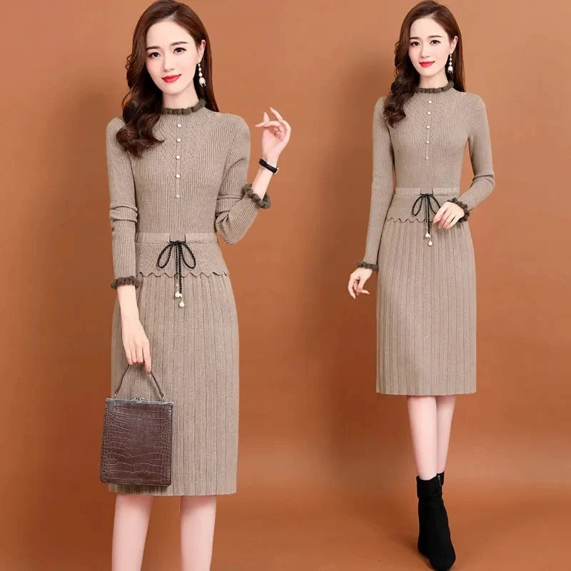 Slim Midi Sweater Dress Elegant Ruffle Long Sleeve Knitted Dress Women Vintage Fall Patchwork Drawstring Waist Bottoming Dresses