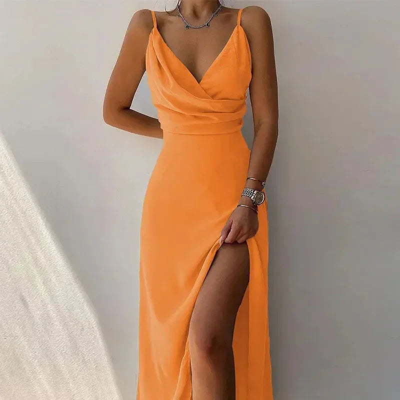 Summer 2024 Women Print Camisole V Neck Sleeveless Dress A Line Spaghetti Strap Sexy Split Evening Skirt Prom Long Dresses