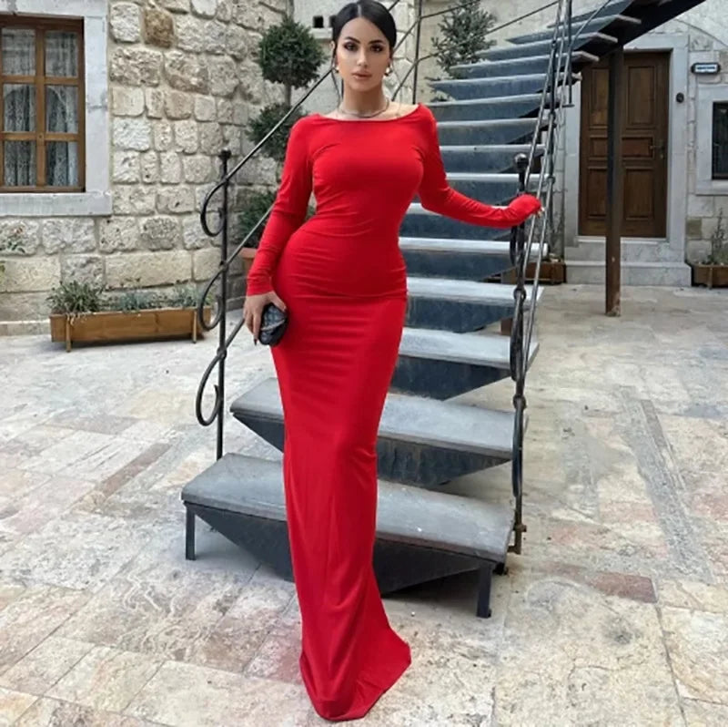 Women's Red Fashion Commuter Banquet ins Slim Long Sleeve Backless Sexy Package Hip Dresses