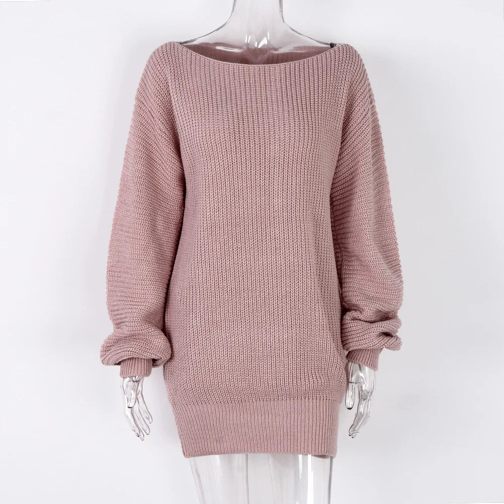 Autumn and Winter Women's Dresses One-Word Collar Louj Casual Loose Knitted Sweater Dress Short Dresses Casual Dress for Women