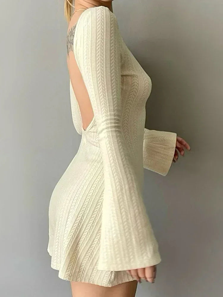 Solid U Neck Backless Sexy Mini Dress Y2K A-Line Flared Long Sleeves Knitted Dress Women Basic Autumn Winter Streetwear Chic