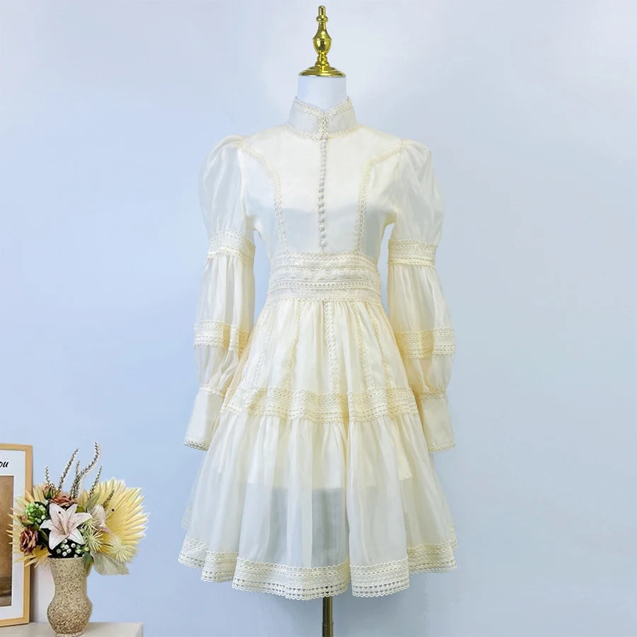 Runway Designer Embroidery Lace Patchwork Party Night Dress High Quality Lantern Sleeve Stand A Line Vintage Elegant Dress