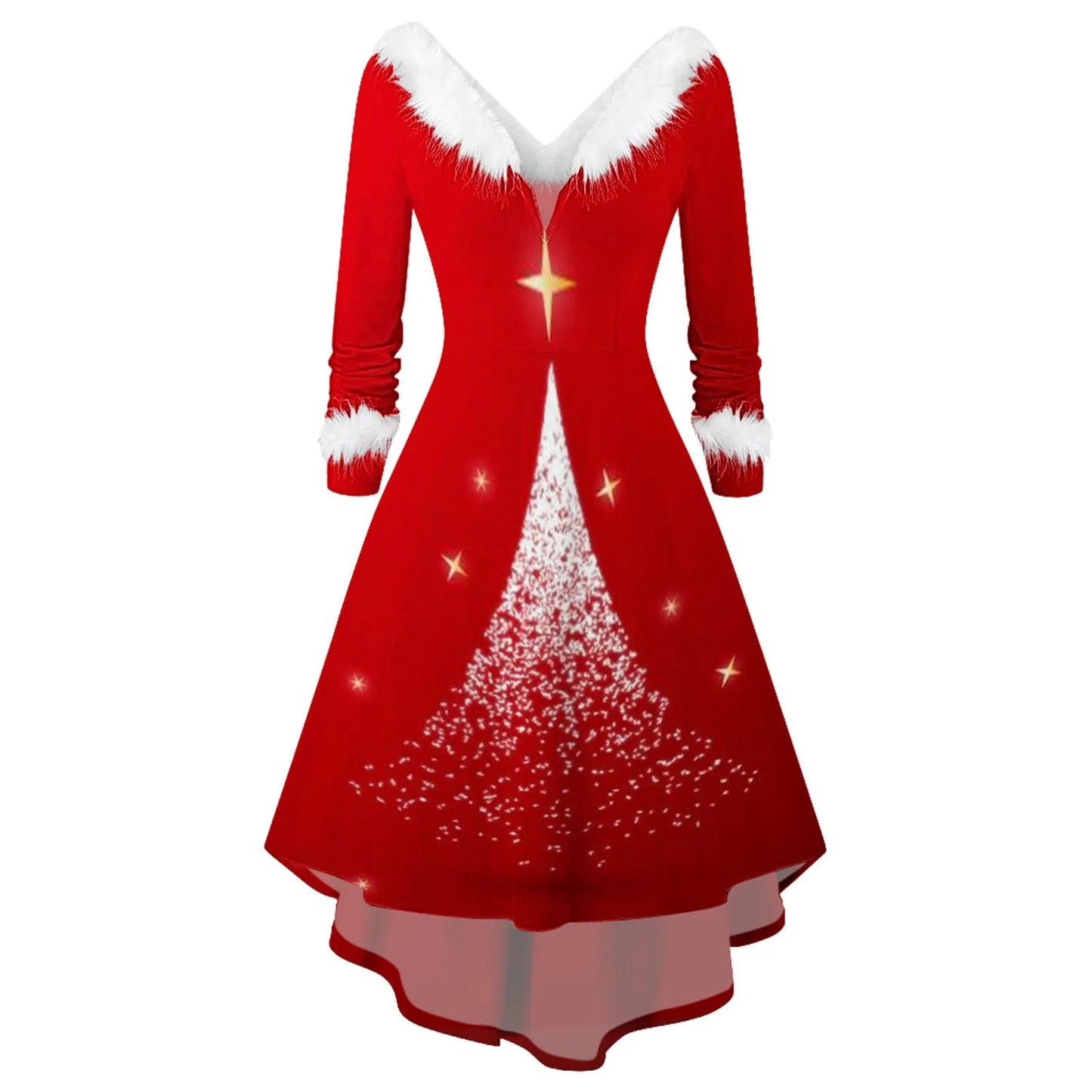 Fashion Spliced Christmas Dress Women Winter Furry Plush Party Dress Female Long Sleeve Irregular A -line Dress Vestidos Navidad