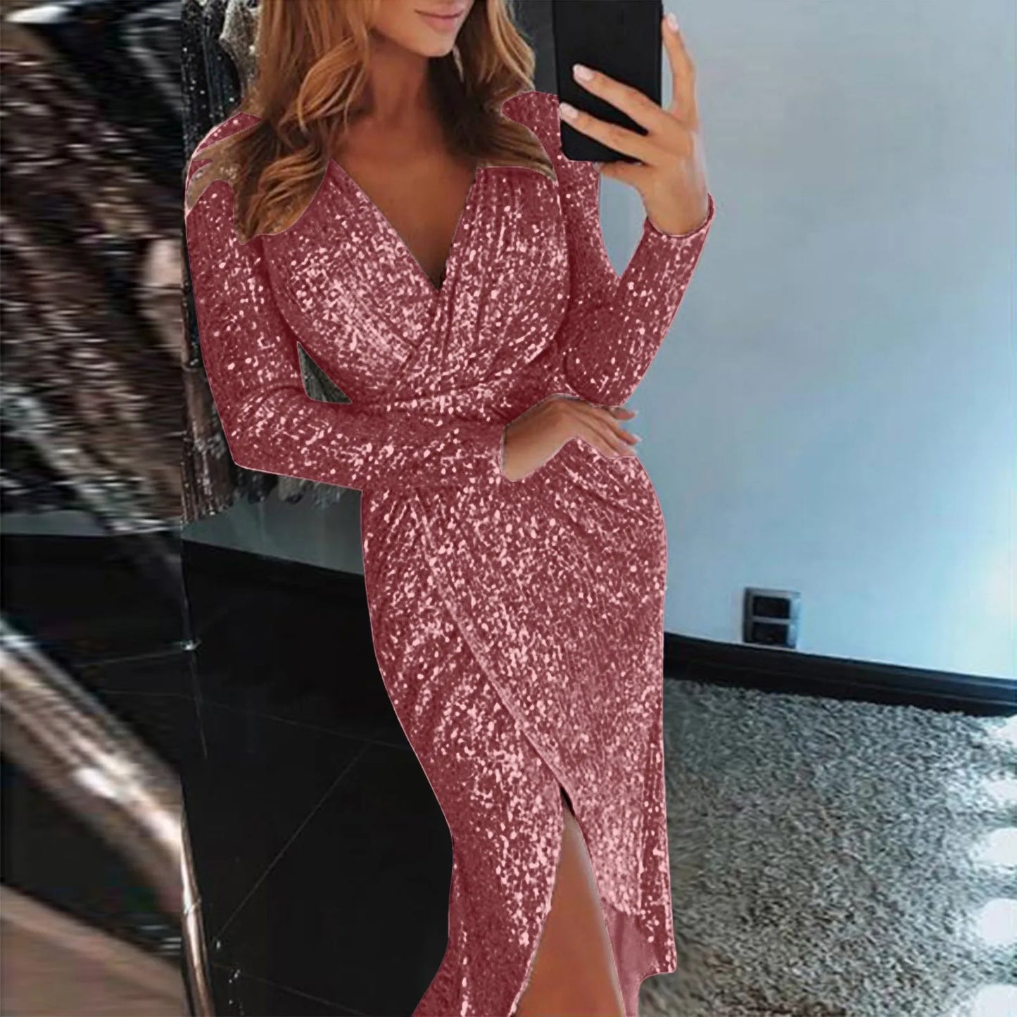 Elegant Women Evening Party Dress Shiny Sequin Deep V-Neck Nightclub Formal Dress Bodycon Irregular Hem Long Dress For Wedding