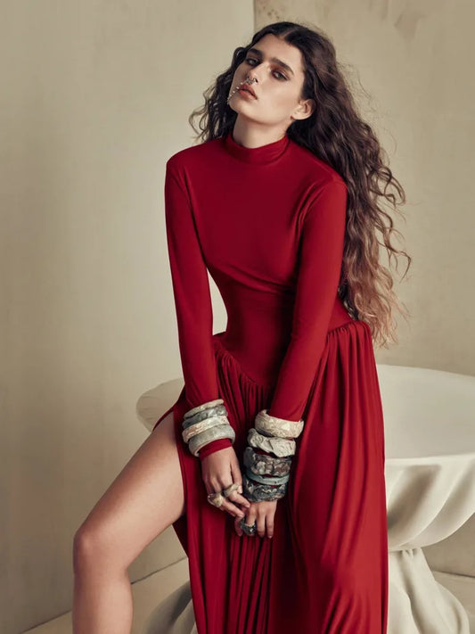 JULISSA MO Sexy High Slit Ruched Women Long Dress Red Long Sleeve High Waist Dress Female Autumn New Elegant Party Clubwear 2024