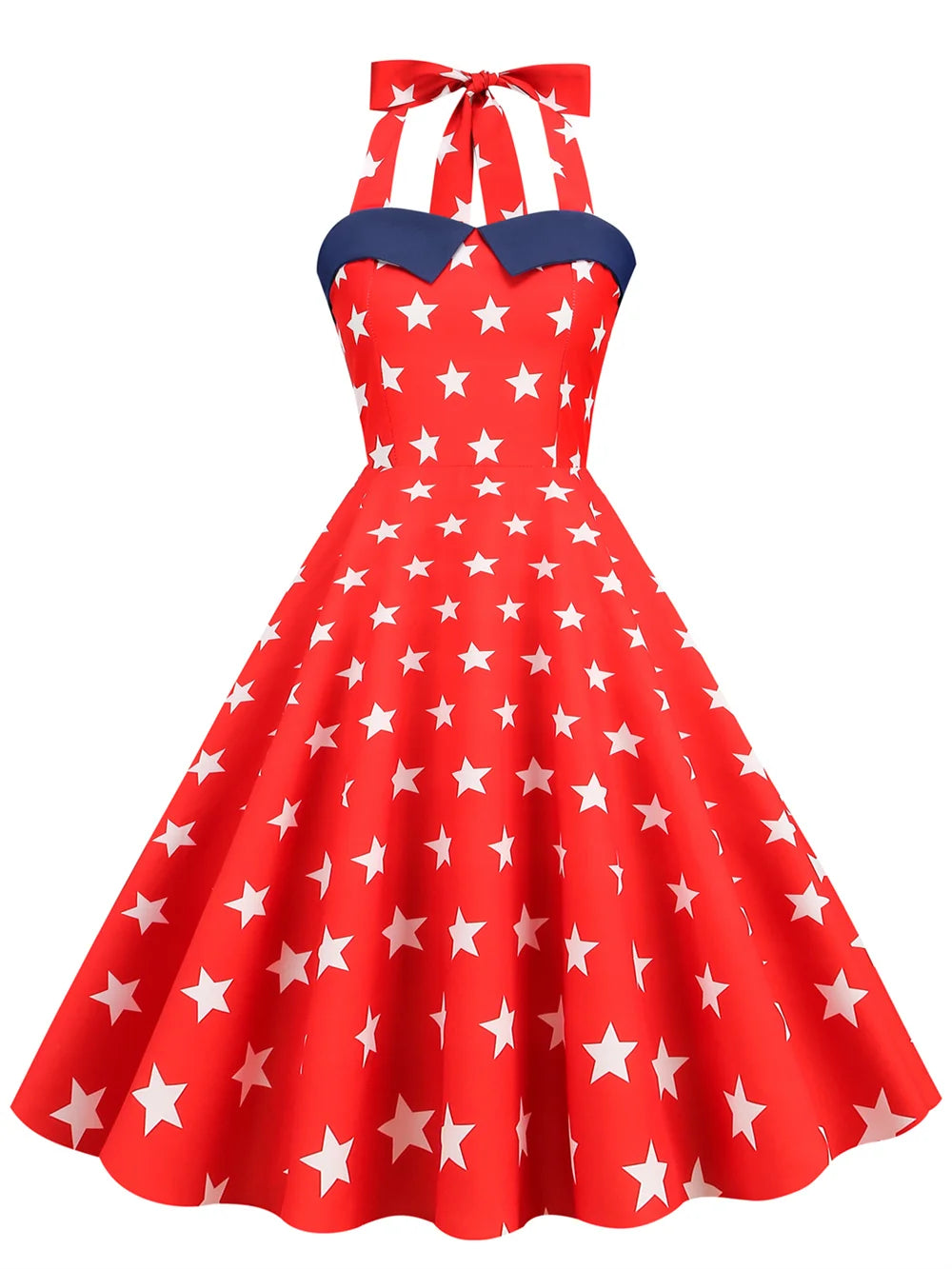 2023 Women Star Print Summer Dress Sexy Retro Blue Red Halter Vintage Dress Robe Femme Pin Up 50S 60s Rockabilly Party Dresses