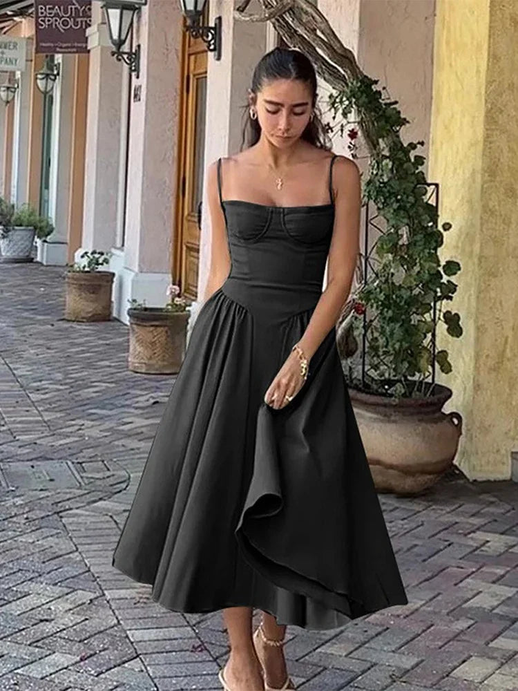 Summer Women Elegant Sleeveless Backless Pleated Dresses Lady Sexy Solid Sling Midi Dress 2024 Female Party Evening A-line Robes