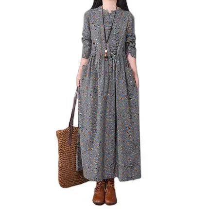 2021 New Vintage Buttoned Small Flower Casual Slimming Medium-Length Long Sleeve Big Swoop Dress For Women