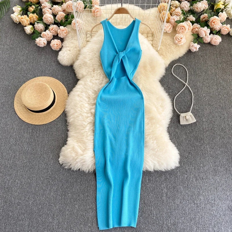 OCEANLOVE Korean Knitted Robe Femme Summer V Neck Sleeveless Kink Hollow Out Sexy Slim Bodycon Dress Split Fork Long Vestidos