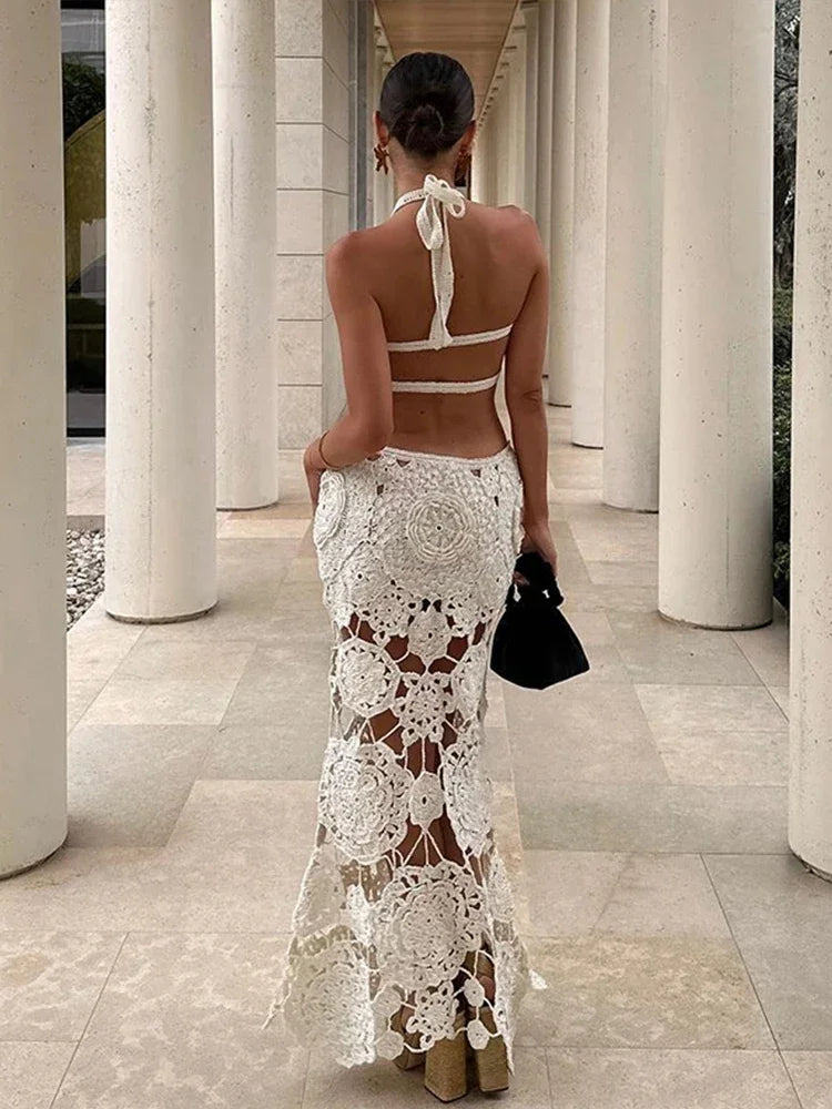 Women Hollow Flower Lace Backless Maxi Dress Sexy Sleeveless Beach Dresses See Through Bodycon Sling Long Dress 2024 Summer New