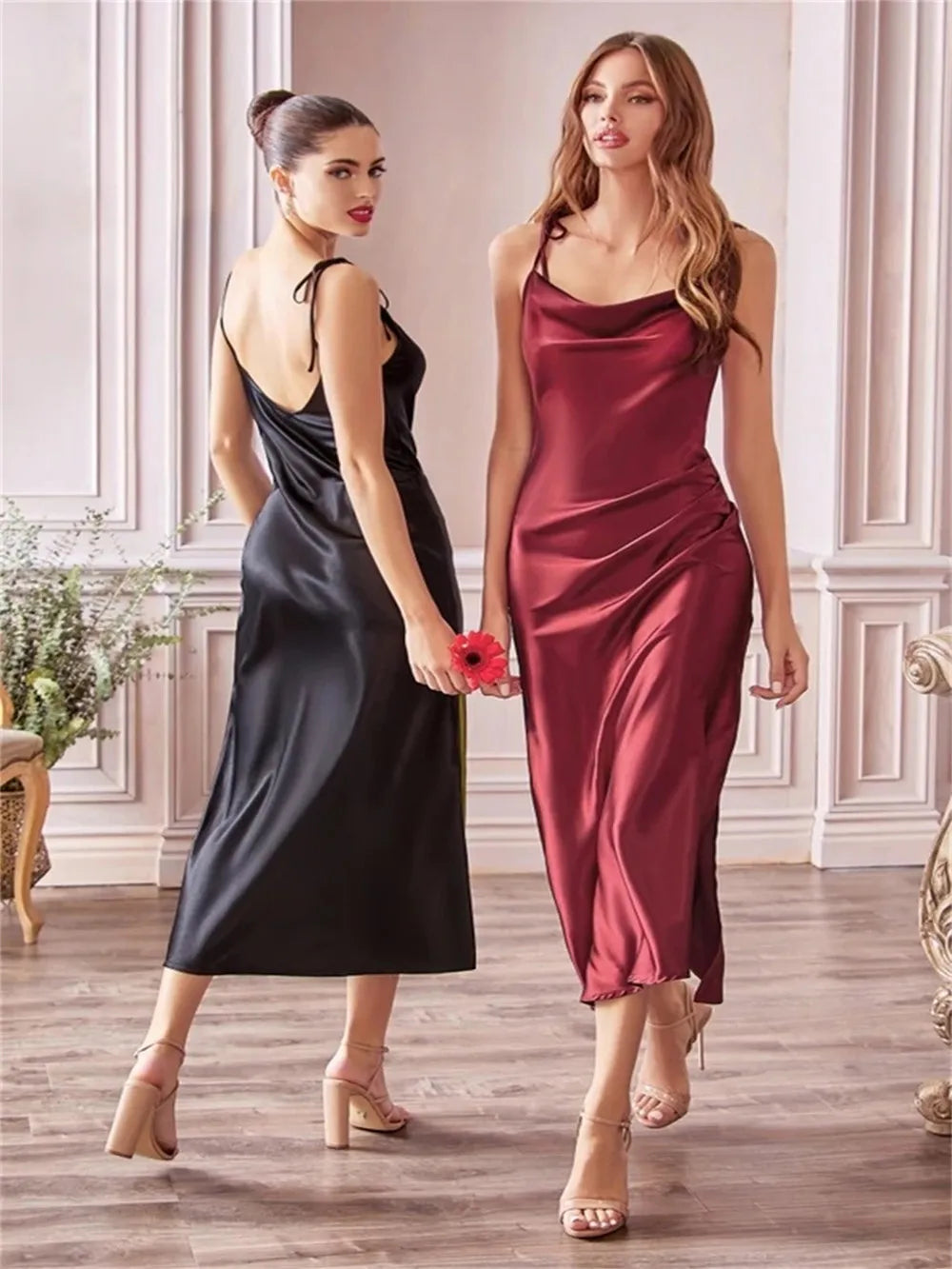 MisShow Satin Cowl Neck Pink Women Beach Midi Bandage Dresses Sexy High Slit Sheath Evening Party Dresses for Christmas New Year