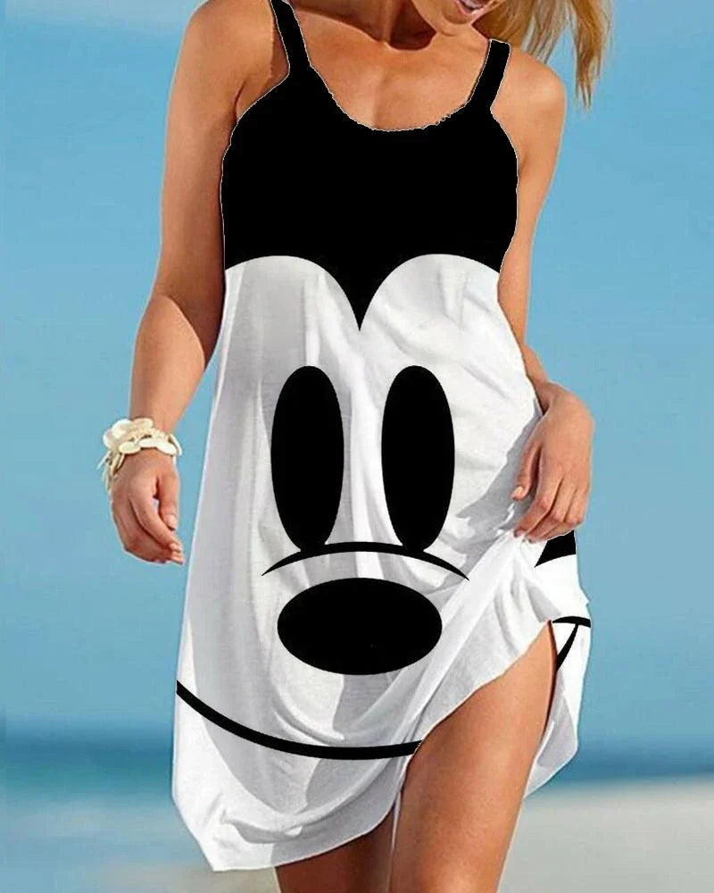 Disney Minnie Mickey Mouse Women Dresses 3D Dye Print Fashion Sleeveless Summer Halter Casual Sexy Dress Loose Kawaii Dress