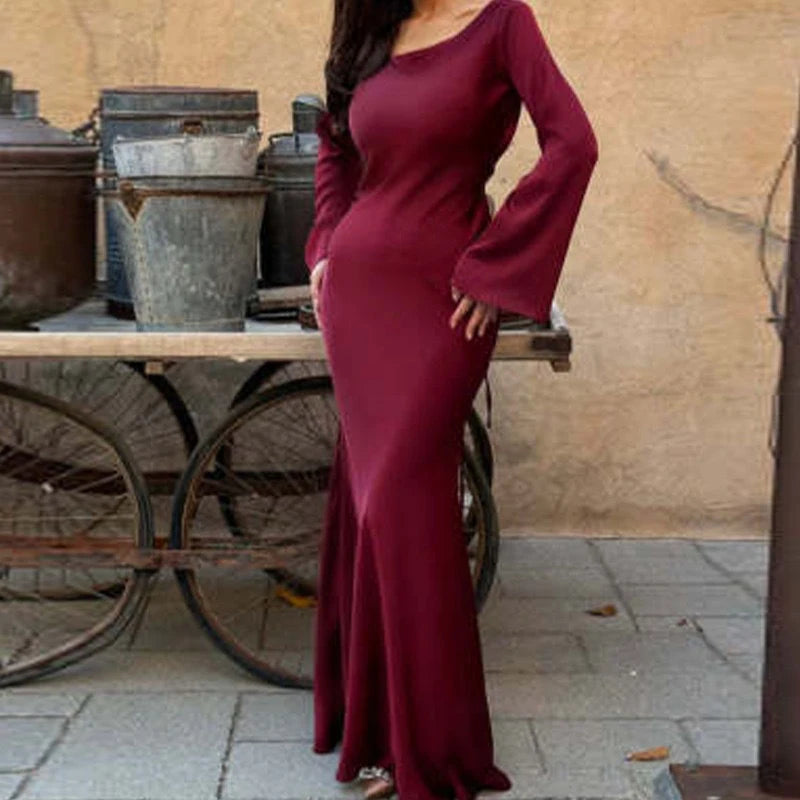 Syiwidii Maxi Dresses for Women Flare Sleeve Solid Dress O-Neck Slim Dresses 2024 New Fashion Casual Lady Elegant Party Dress